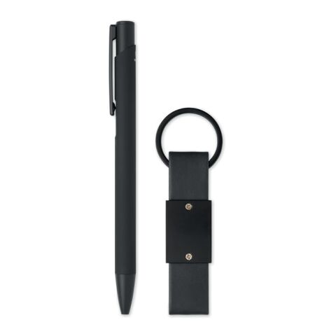 Ball pen &amp; PU Keyring set black