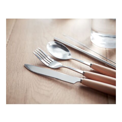 Cutlery wood &amp; stainless steel set beige | No Branding | not available | not available | not available