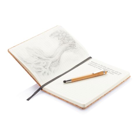 Cork A5 notebook with bamboo pen including stylus brown | No Branding | not available | not available