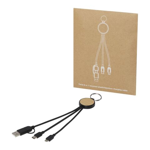 Tecta 6-in-1 recycled plastic/bamboo charging cable with keyring Standard | Solid black | No Branding | not available | not available