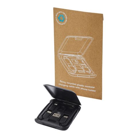 Savvy recycled plastic modular charging cable with phone holder Standard | Solid black | No Branding | not available | not available
