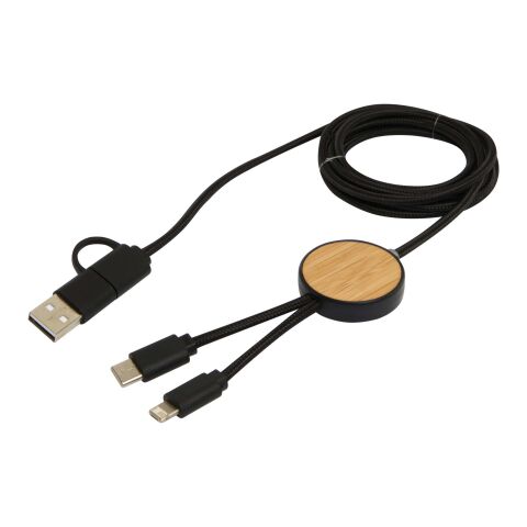 Chechia 5-in-1 recycled plastic 150 cm data sync and 27W fast charge cable with bamboo details Standard | Solid black | not available | No Branding | not available | not available