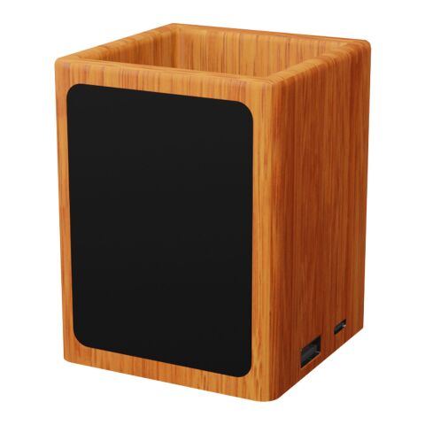SCX.design O12 wooden light-up logo pencil holder with dual USB output Brown | Light Up Logo | front | 40 mm x 35 mm