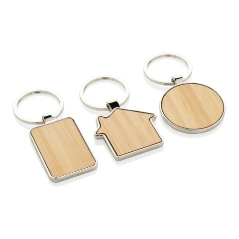 RCS recycled zinc alloy rectangle keychain with bamboo silver-brown | No Branding | not available | not available