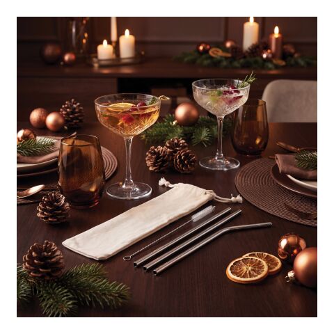 Reusable stainless steel 3 pcs straw set silver
